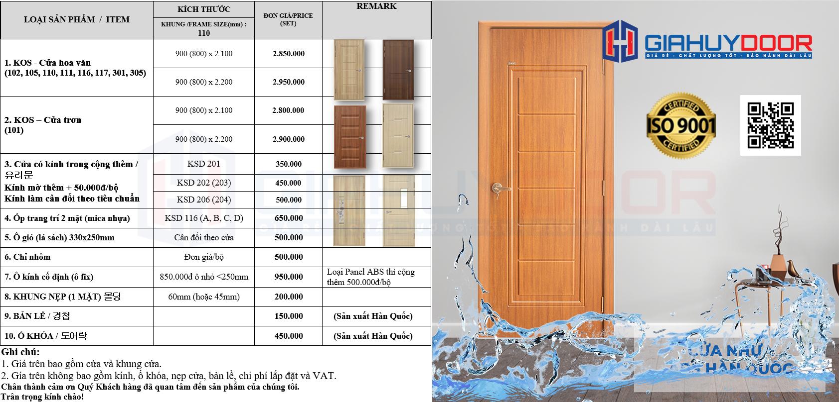 Bảng báo giá cửa nhựa ABS Hàn Quốc
