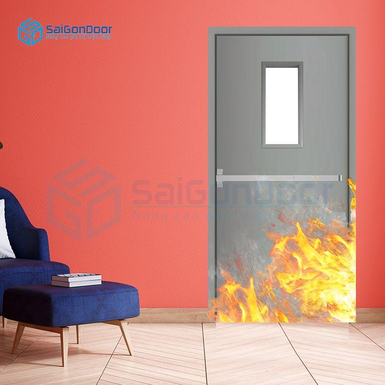 Cửa ngăn cháy dùng thanh thoát hiểm có gắn ô kính P1G1 thoat hiem