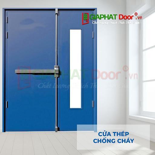 Cửa thép chống cháy 2P1G1 màu xanh dương