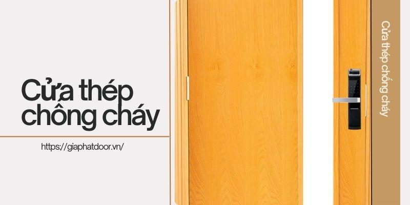 Mẫu cửa thép chống cháy ô kính màu vân gỗ được phân phối bởi Gia Phát Door