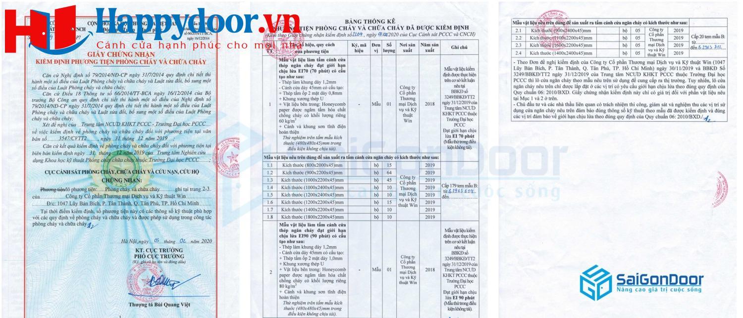 Giấy kiểm định chất lượng về khả năng chống cháy của dòng cửa thép vân gỗ chống cháy