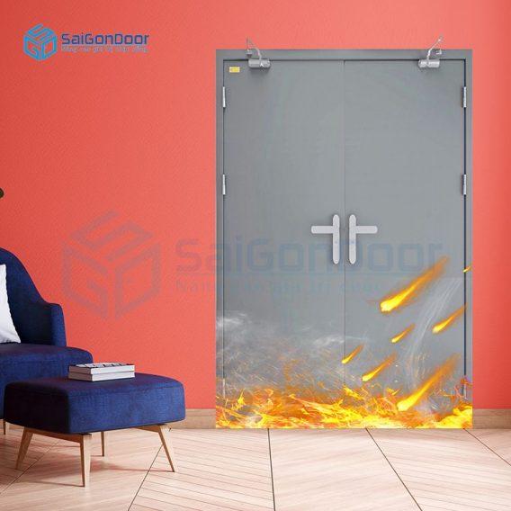Cửa thép chống cháy 2 cánh xám có 2 tay co thủy lực 2P dung 2 tay nam cua