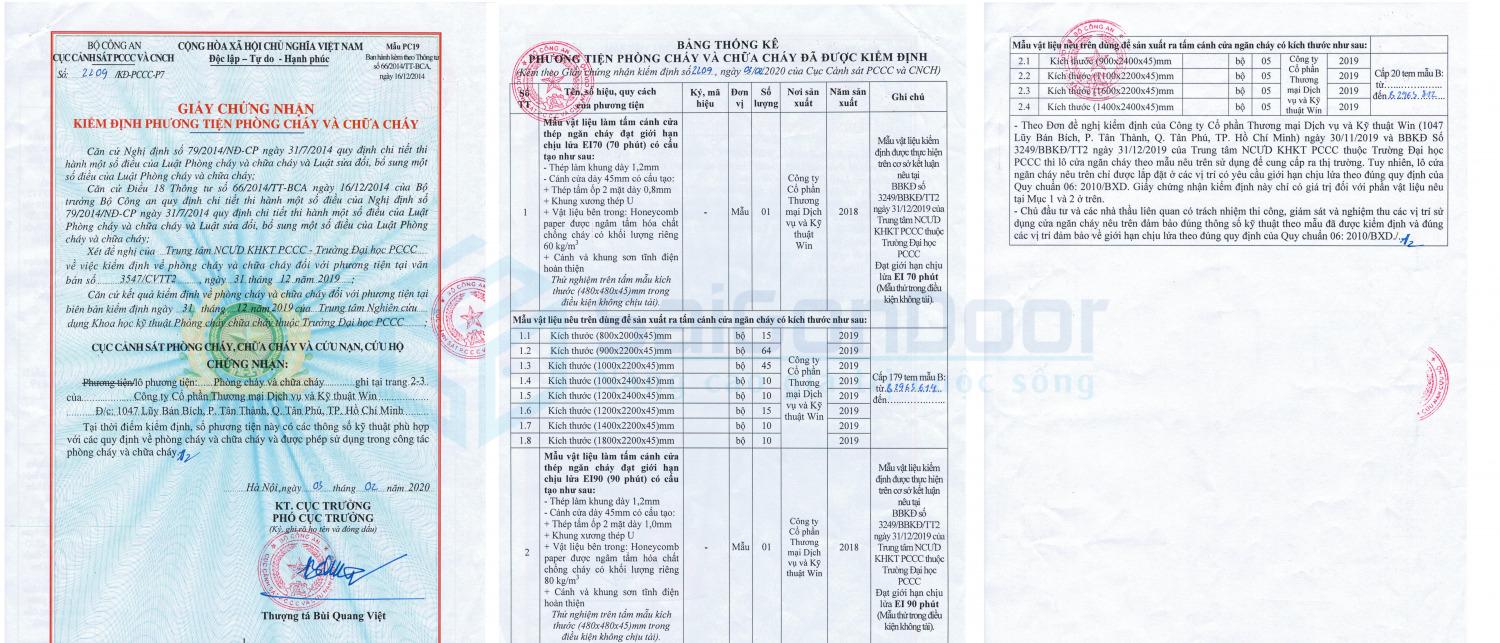 Giấy kiểm định chống cháy cửa bộ PCCC về cửa thép chống cháy