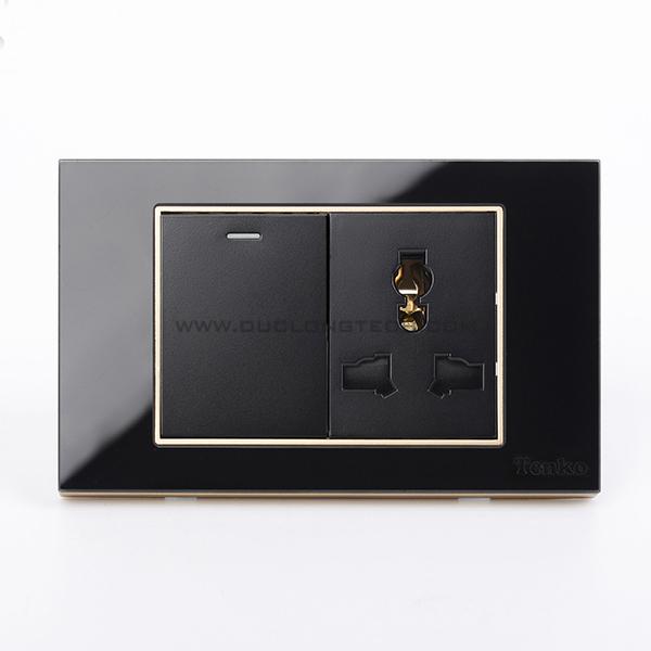 Công Tắc Ổ Cắm Điện Âm tường Mặt Kính Cường Lực Đen Viền Vàng TK-C18B-039