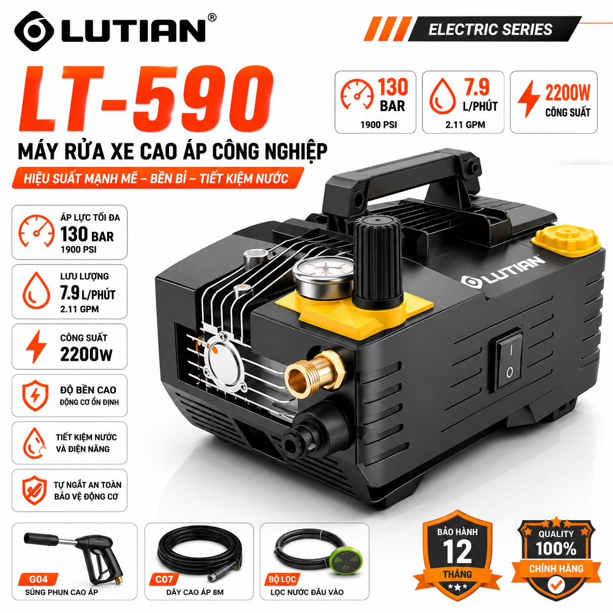 Máy Rửa Xe Cao Áp LUTIAN LT-590 2.2KW (220V) – Lựa Chọn Cho Tiệm Xe Máy Và Doanh Nghiệp 1 may rua xe cao ap chuyen dung lutian 2 2kw lt 590.1