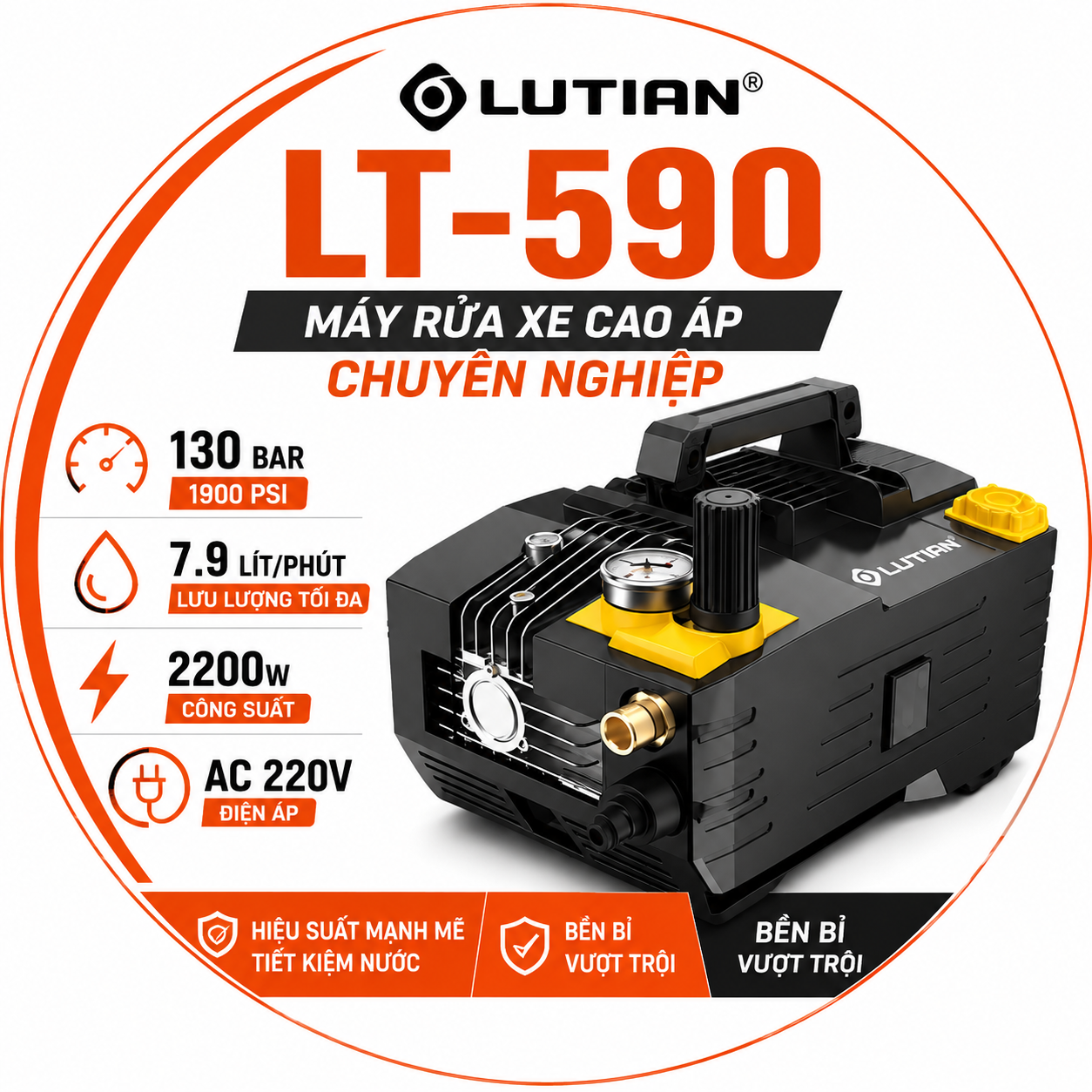 Máy Rửa Xe Cao Áp LUTIAN LT-590 2.2KW (220V) – Lựa Chọn Cho Tiệm Xe Máy Và Doanh Nghiệp 2 may rua xe cao ap chuyen dung lutian 2 2kw lt 590.2