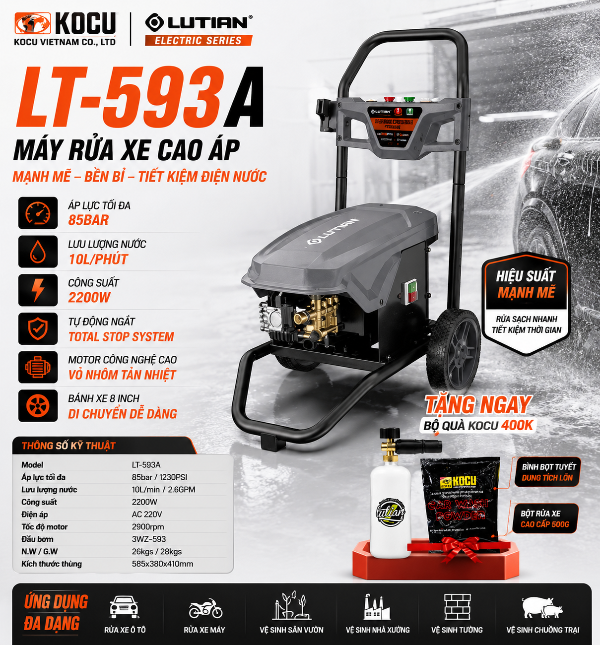 Máy Rửa Xe Cao Áp LUTIAN LT-593A 2200W – Dòng Bán Chuyên Nghiệp Cho Gara, Chuồng Trại, Công Ty Và Vệ Sinh Công Nghiệp Nhẹ 16 may rua xe cao ap chuyen dung lutian lt 593a.1