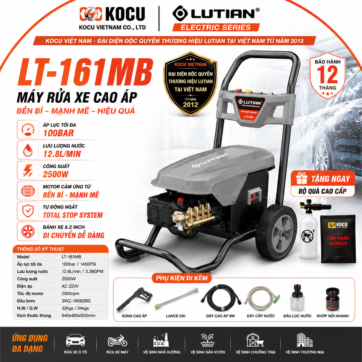 Máy Rửa Xe Cao Áp LUTIAN LT-161MB 2500W 100 Bar Chính Hãng | KOCU Việt Nam 1 may rua xe cao ap lutian lt 161mb 2500w