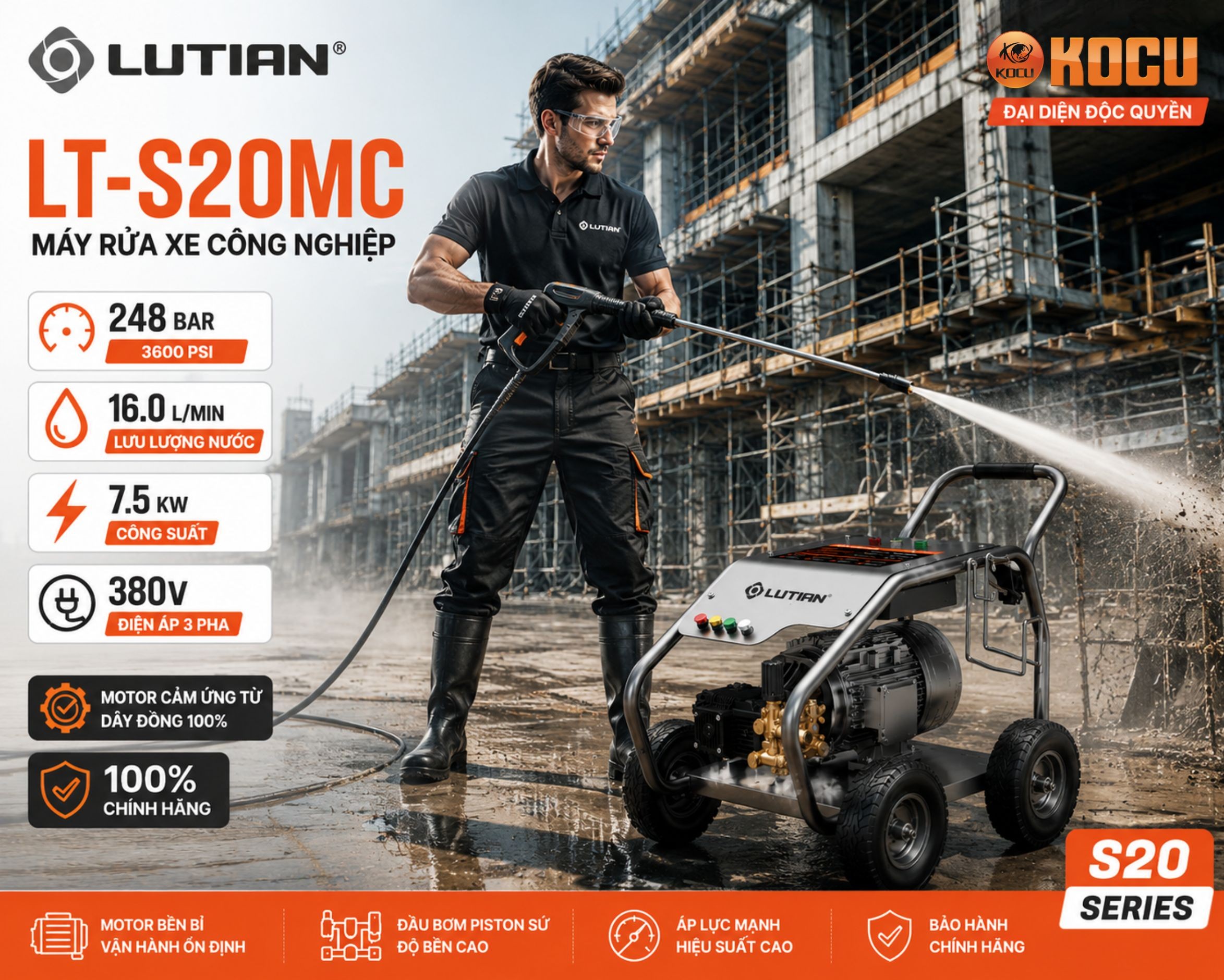 Máy Rửa Xe Cao Áp LUTIAN LT-S20MC 7.5KW 380V/3600PSI | Lutian Chính Hãng 4 may rua xe cao ap lutian lt s20mc 7 5kw 380v 3600psi lutian chinh hang.1
