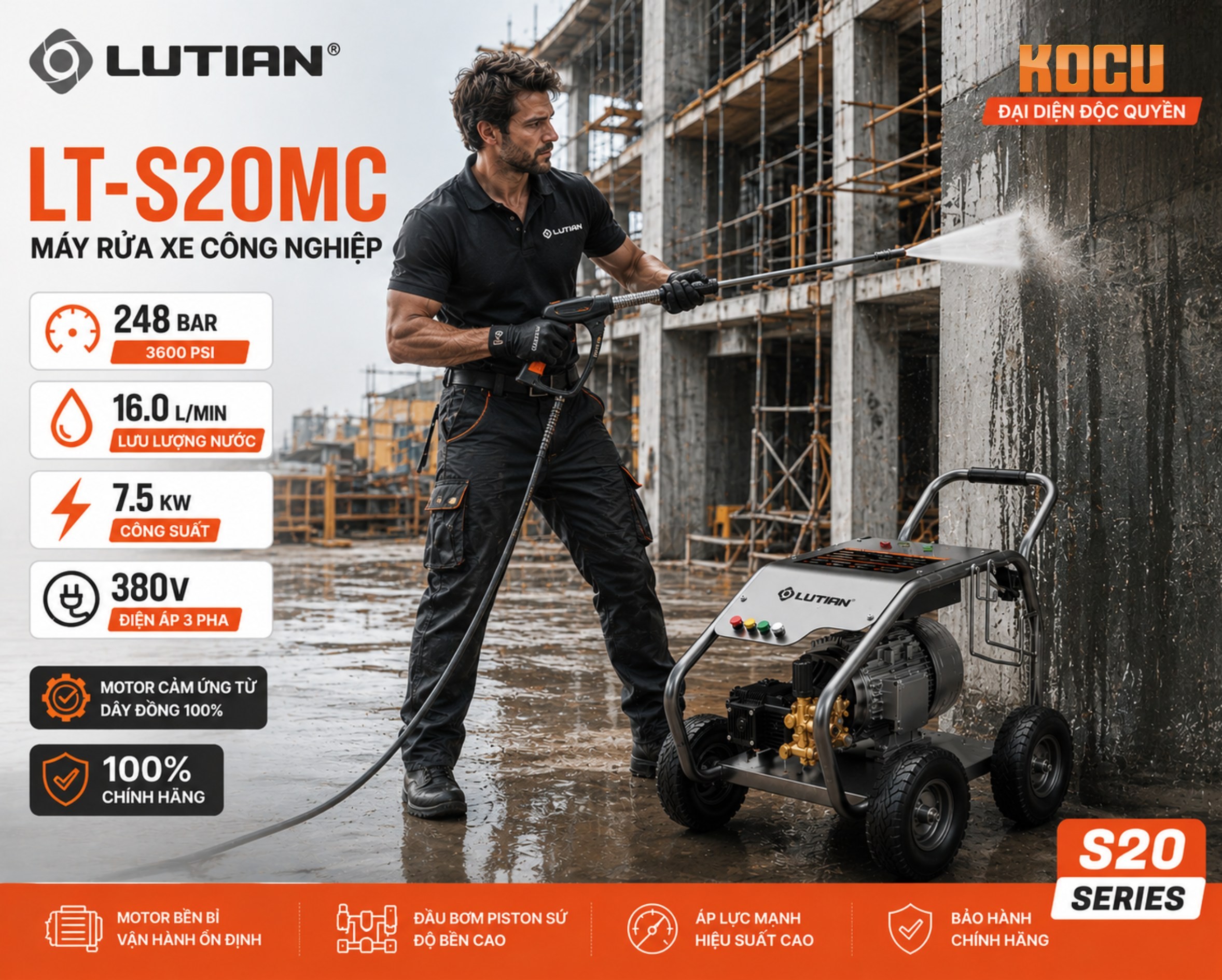 Máy Rửa Xe Cao Áp LUTIAN LT-S20MC 7.5KW 380V/3600PSI | Lutian Chính Hãng 5 may rua xe cao ap lutian lt s20mc 7 5kw 380v 3600psi lutian chinh hang.2