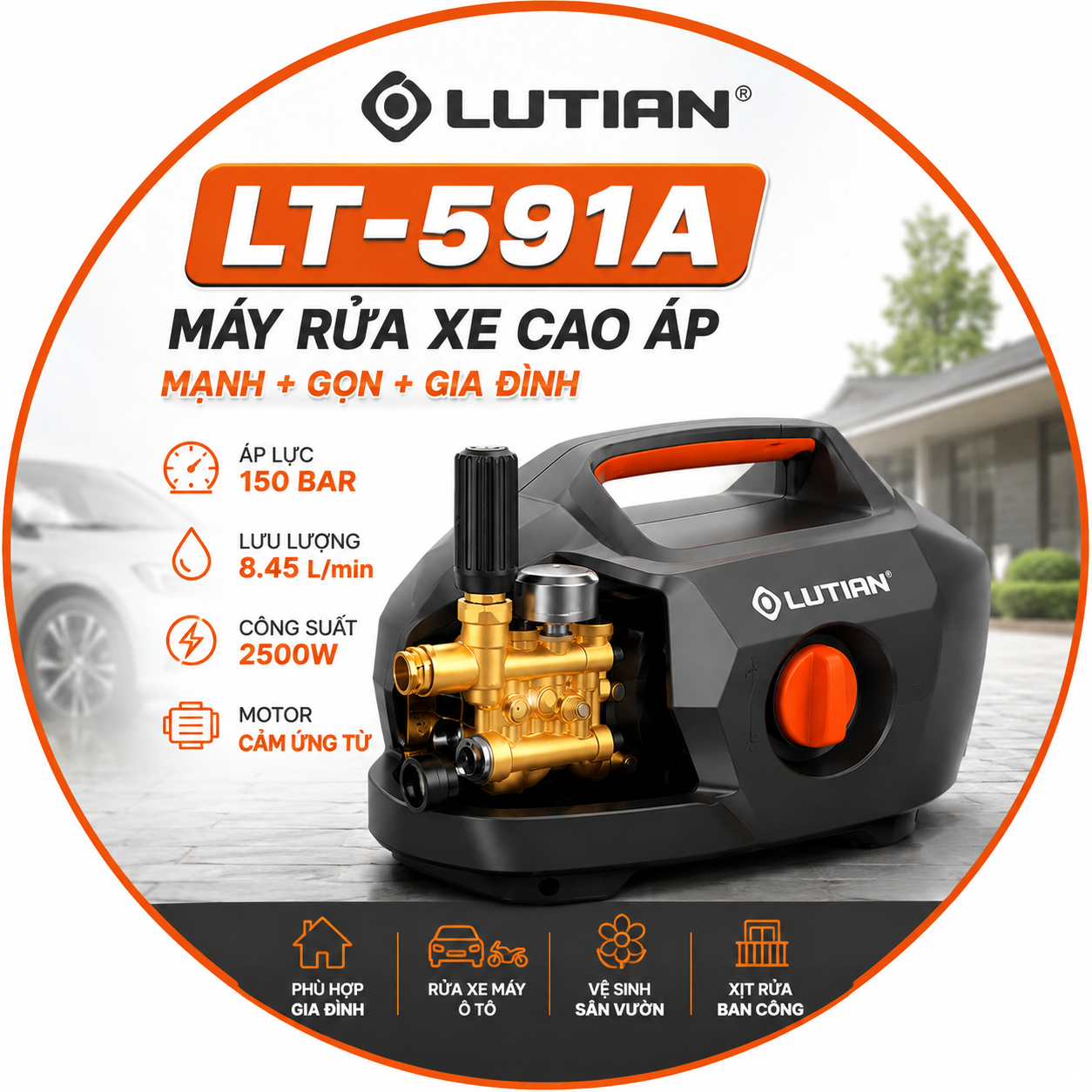 Máy Rửa Xe Lutian LT-591A 2500W 150 Bar – Máy Xịt Rửa Cao Áp Gia Đình Cao Cấp Cho Xe Máy, Ô Tô Và Sân Vườn 1 may rua xe lutian lt 591a 2500w 150 bar.1