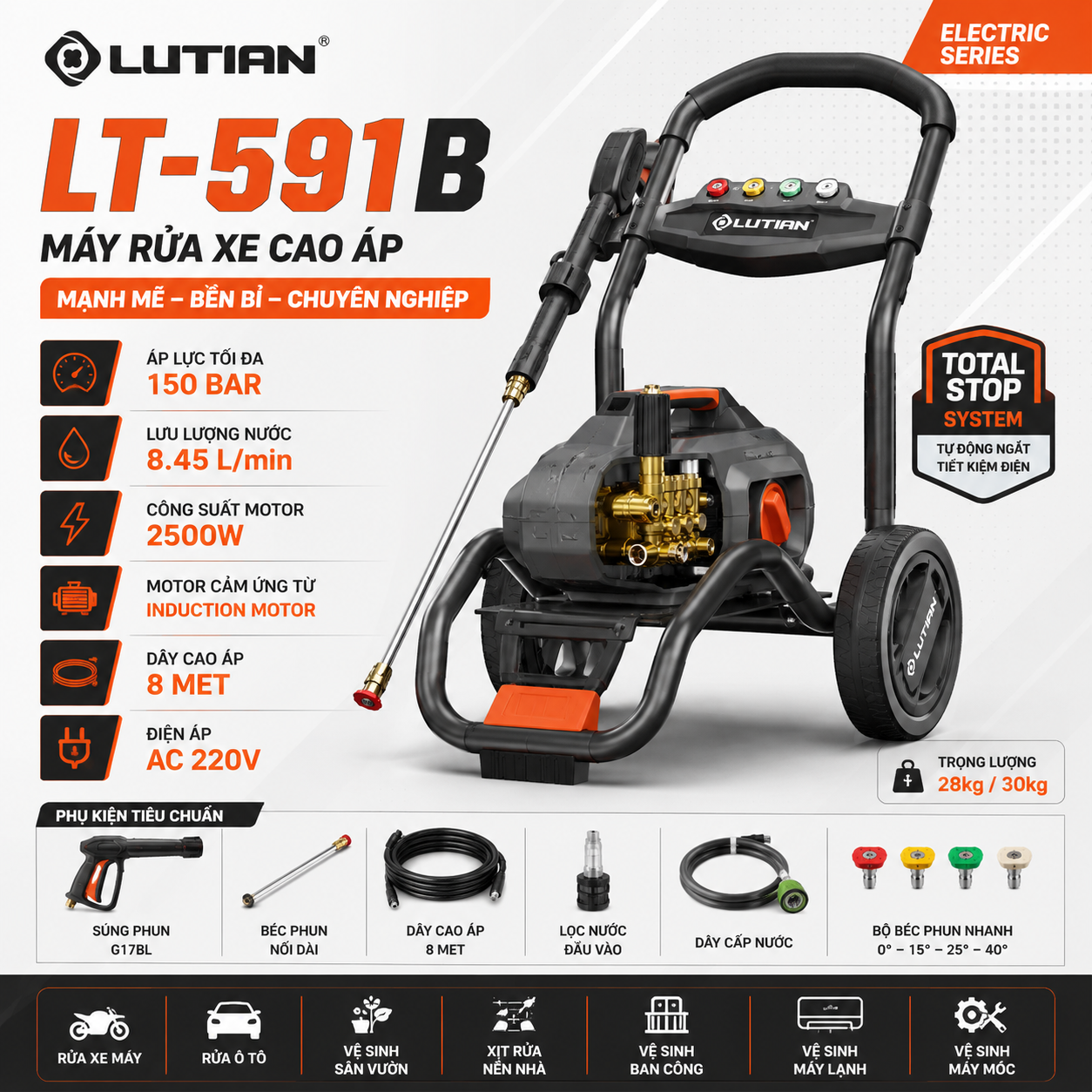 Máy Rửa Xe Lutian LT-591B 2500W 150 Bar – Máy Xịt Rửa Cao Áp Bán Chuyên Nghiệp Cho Gara Và Tiệm Rửa Xe 4 may rua xe lutian lt 591b.1