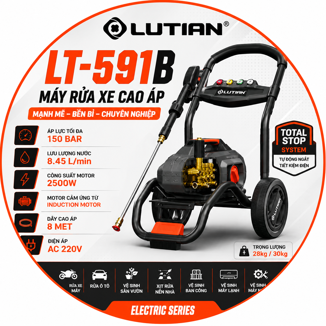 Máy Rửa Xe Lutian LT-591B 2500W 150 Bar – Máy Xịt Rửa Cao Áp Bán Chuyên Nghiệp Cho Gara Và Tiệm Rửa Xe 1 may rua xe lutian lt 591b