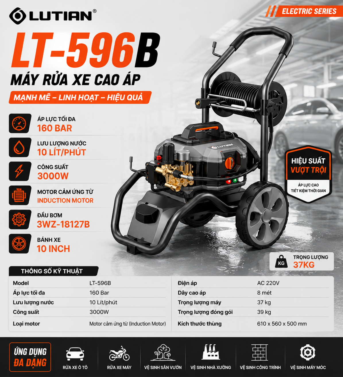 Máy Rửa Xe LUTIAN LT-596B 3000W 160 Bar – Máy Xịt Rửa Cao Áp Bán Chuyên Nghiệp Cho Gara Ô Tô 4 may rua xe lutian lt 596b.1