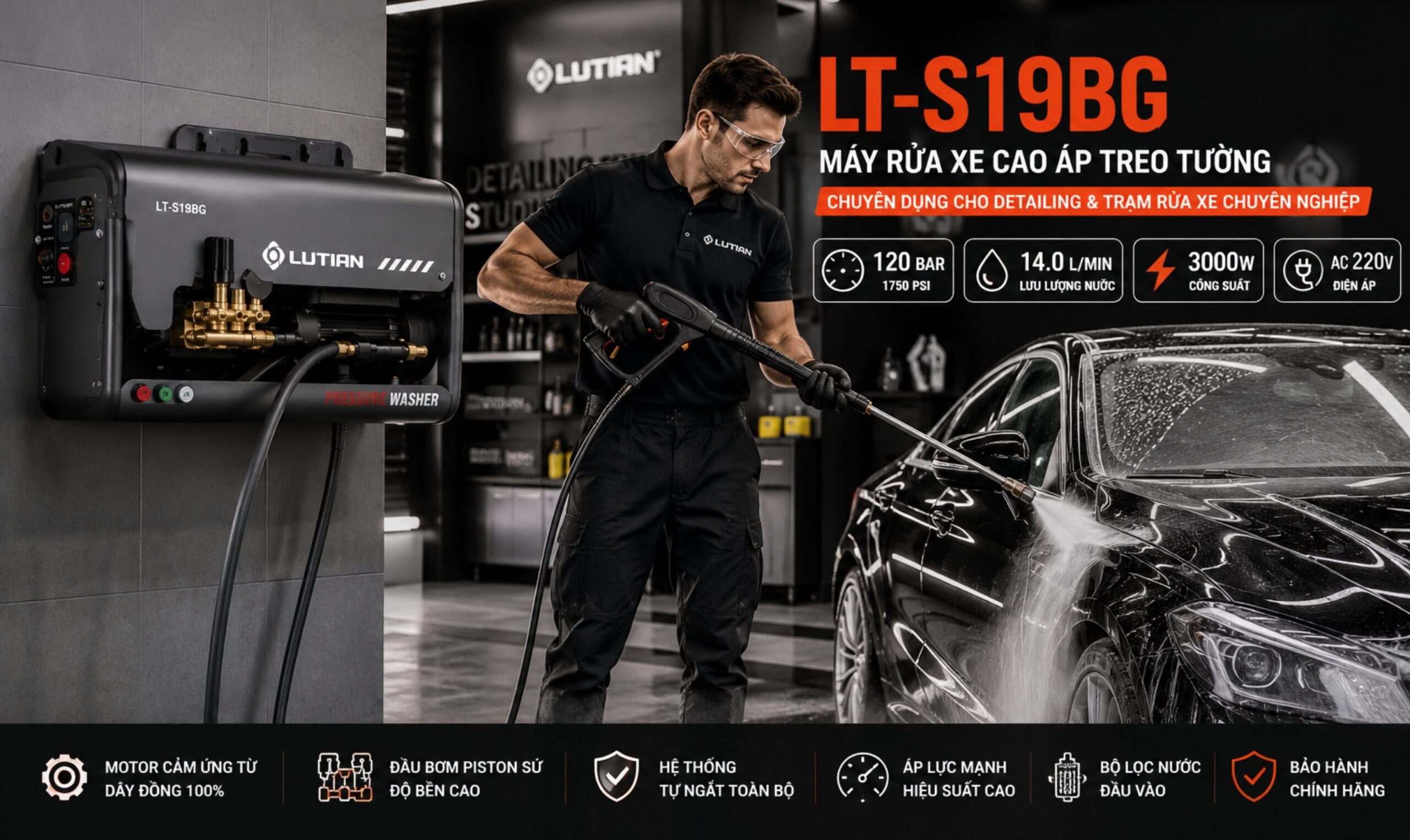 Máy Rửa Xe Treo Tường LUTIAN LT-S19BG 3000W 120 Bar Chính Hãng Cho Detailing Chuyên Nghiệp 2 may rua xe treo tuong lutian lt s19bg 3000w 120 bar chinh hang cho detailing chuyen nghiep.1 scaled
