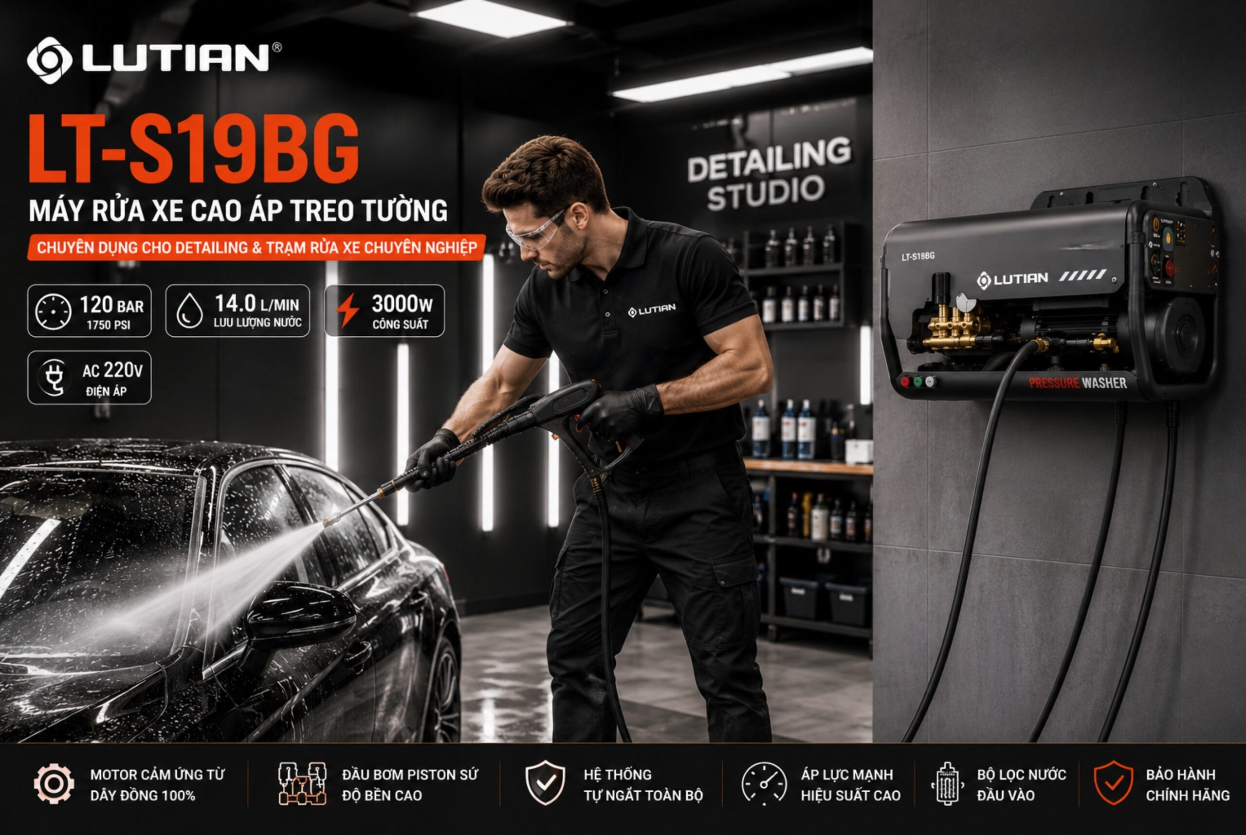 Máy Rửa Xe Treo Tường LUTIAN LT-S19BG 3000W 120 Bar Chính Hãng Cho Detailing Chuyên Nghiệp 3 may rua xe treo tuong lutian lt s19bg 3000w 120 bar chinh hang cho detailing chuyen nghiep.2 scaled