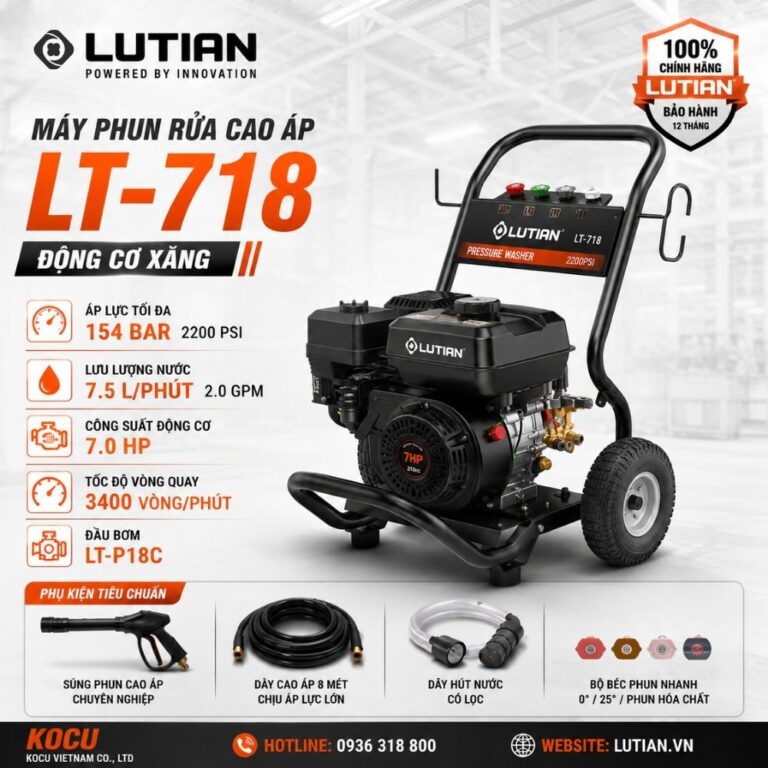 Máy Phun Rửa Cao Áp Chạy Xăng Lutian LT-718 (7.0HP/154Bar) Dạng Xe Đẩy