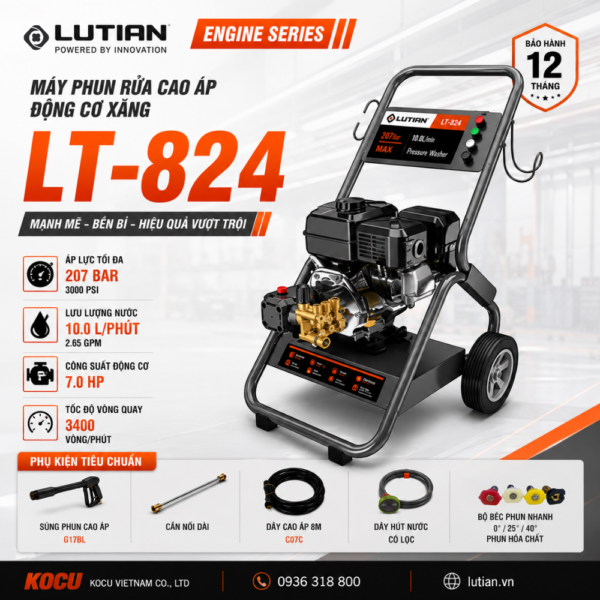 Máy Phun Rửa Cao Áp Chạy Xăng Lutian LT-824 (7.0HP/207Bar) Chính Hãng