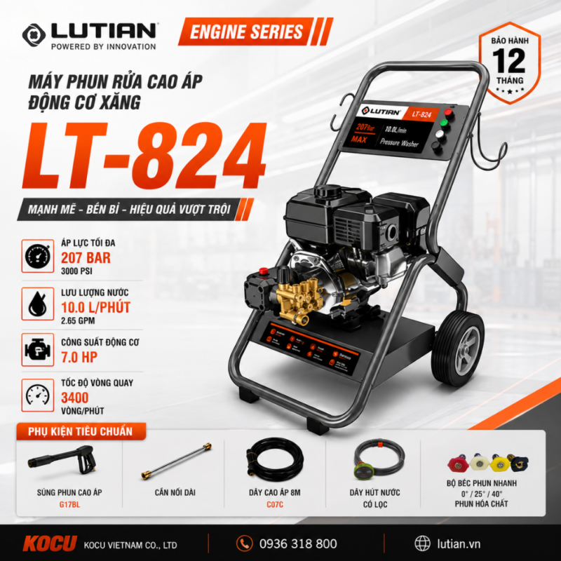Máy Phun Rửa Cao Áp Chạy Xăng Lutian LT-824 (7.0HP/207Bar) Chính Hãng