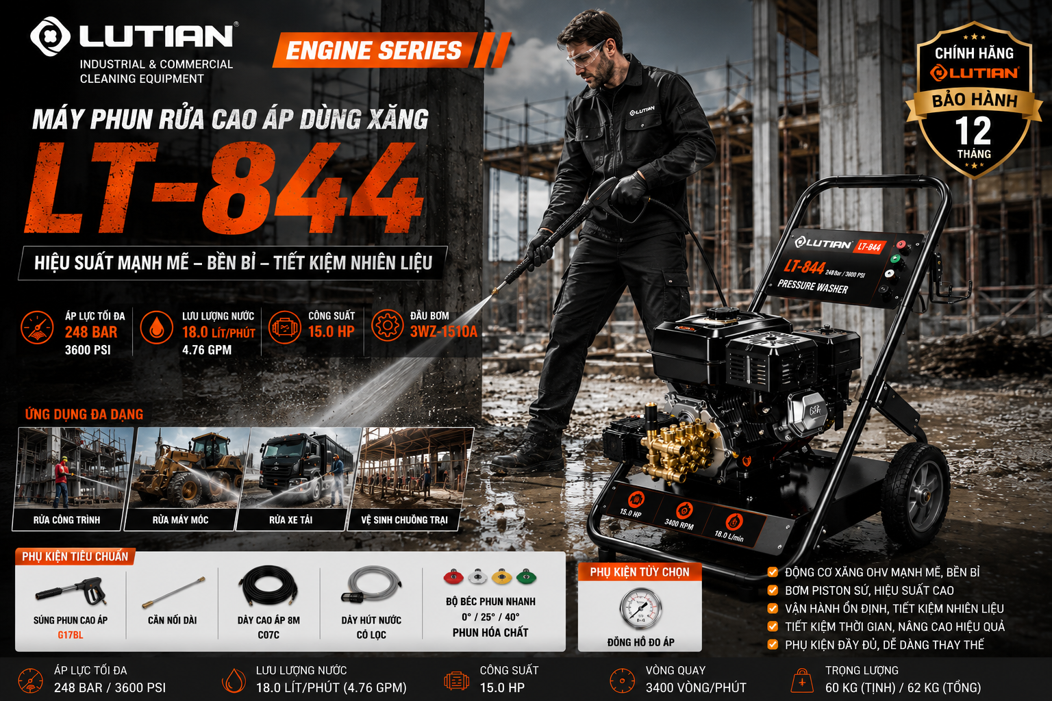 Máy Phun Rửa Cao Áp Chạy Xăng Lutian LT-844 (15HP/248Bar) Chính Hãng 2 may phun rua cao ap chay xang lutian lt 844 15hp 248bar chinh hang.9