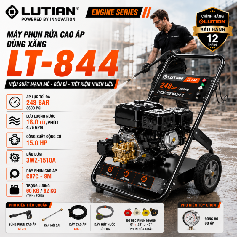 Máy Phun Rửa Cao Áp Chạy Xăng Lutian LT-844 (15HP/248Bar) Chính Hãng