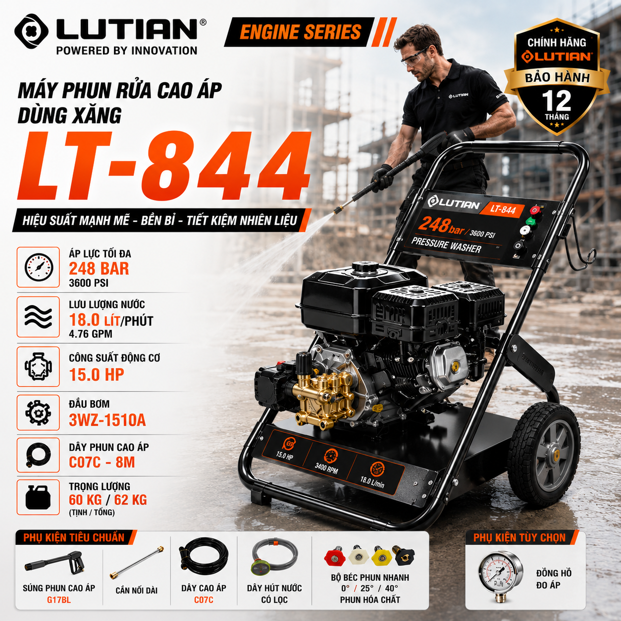 Máy Phun Rửa Cao Áp Chạy Xăng Lutian LT-844 (15HP/248Bar) Chính Hãng 1 may phun rua cao ap chay xang lutian lt 844