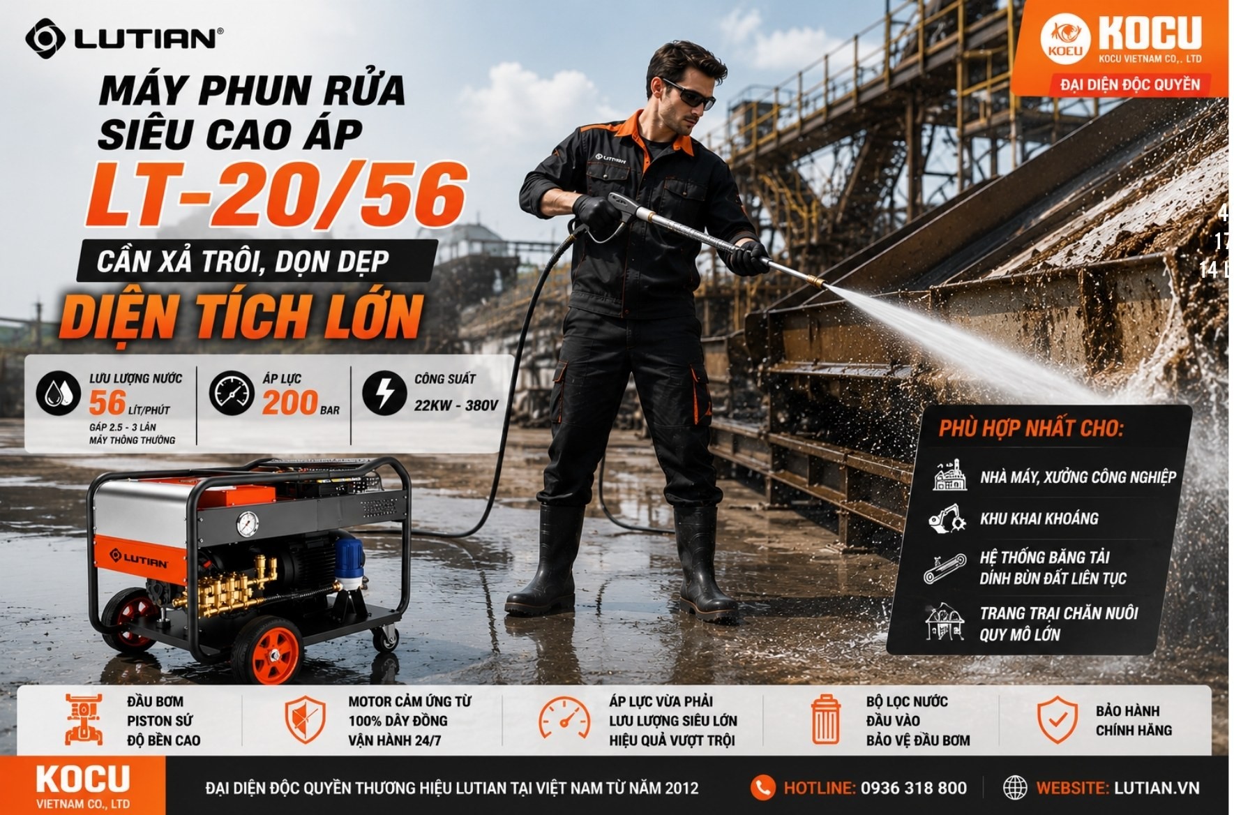 Máy Phun Rửa Siêu Cao Áp LUTIAN LT-20/56 22KW – Vua Lưu Lượng 56 Lít/Phút Cho Công Nghiệp Nặng 4 may phun rua sieu cao ap lutian lt 20 56 22kw