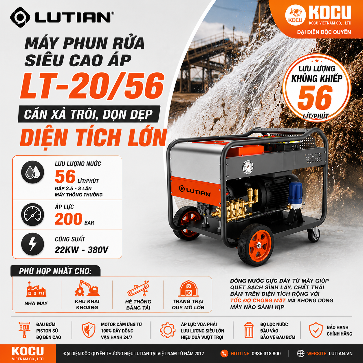Máy Phun Rửa Siêu Cao Áp LUTIAN LT-20/56 22KW – Vua Lưu Lượng 56 Lít/Phút Cho Công Nghiệp Nặng 1 may phun rua sieu cao ap lutian lt 20 56 22kw