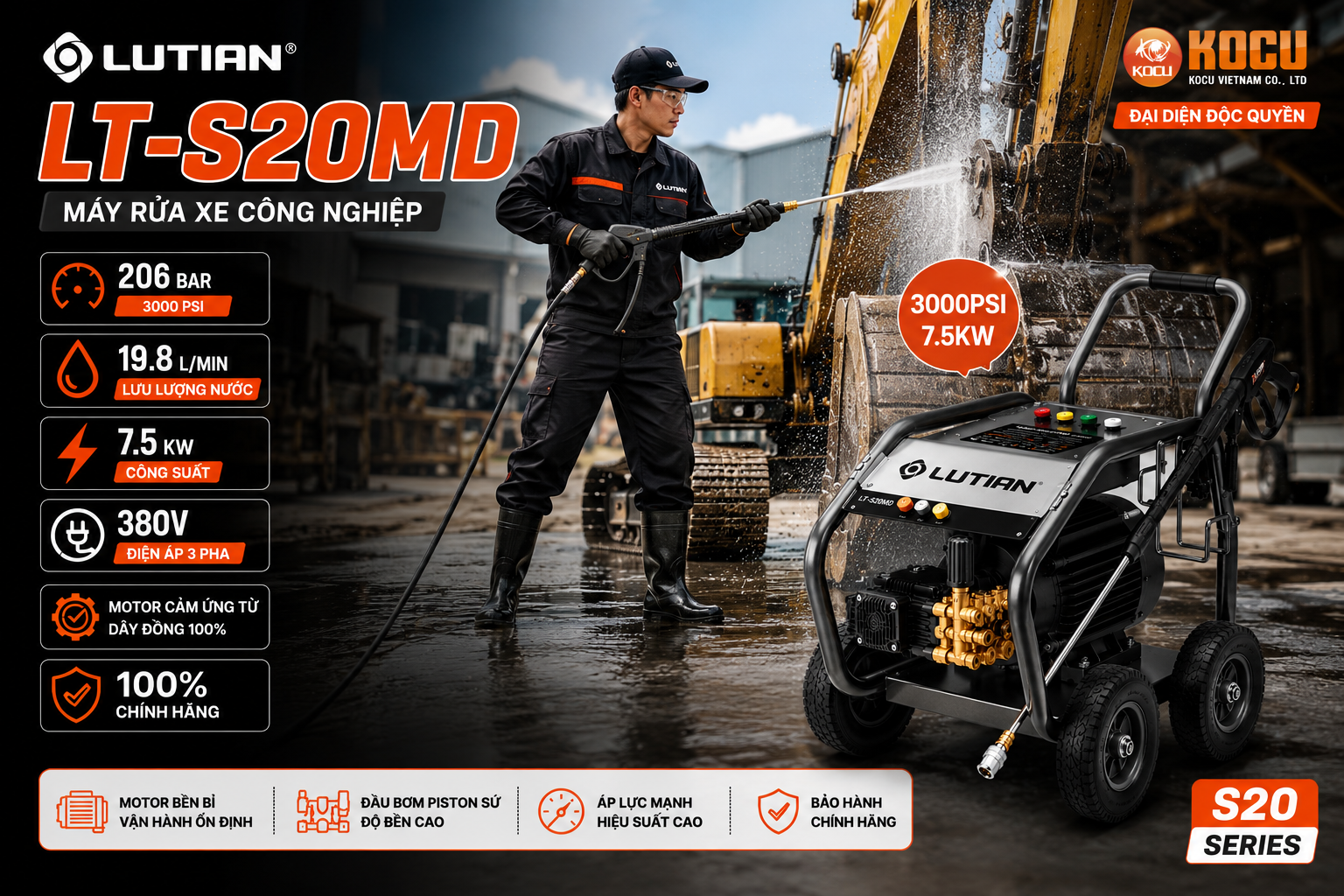 Máy Rửa Xe Cao Áp Lutian LT-S20MD 7.5Kw | Vua Xả Lũ Cho Xe Tải, Công Trường 2 may rua xe cao ap lutian 7 5kw lt s20md.1