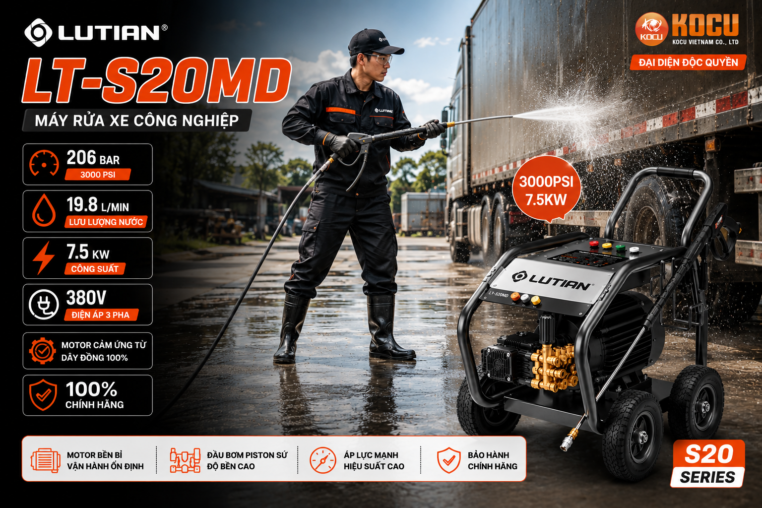 Máy Rửa Xe Cao Áp Lutian LT-S20MD 7.5Kw | Vua Xả Lũ Cho Xe Tải, Công Trường 3 may rua xe cao ap lutian 7 5kw lt s20md.2