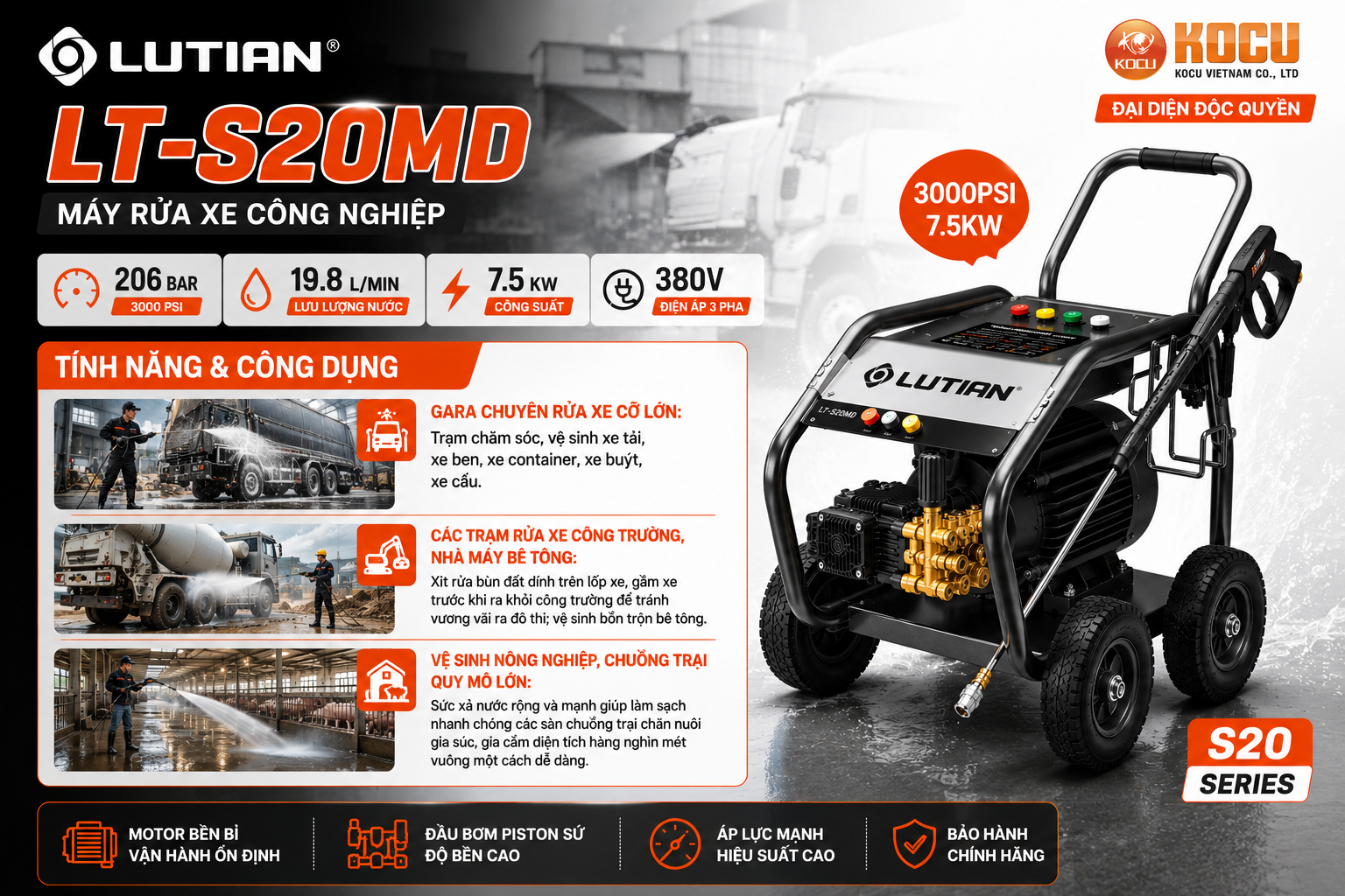 Máy Rửa Xe Cao Áp Lutian LT-S20MD 7.5Kw | Vua Xả Lũ Cho Xe Tải, Công Trường 4 may rua xe cao ap lutian 7 5kw lt s20md.3