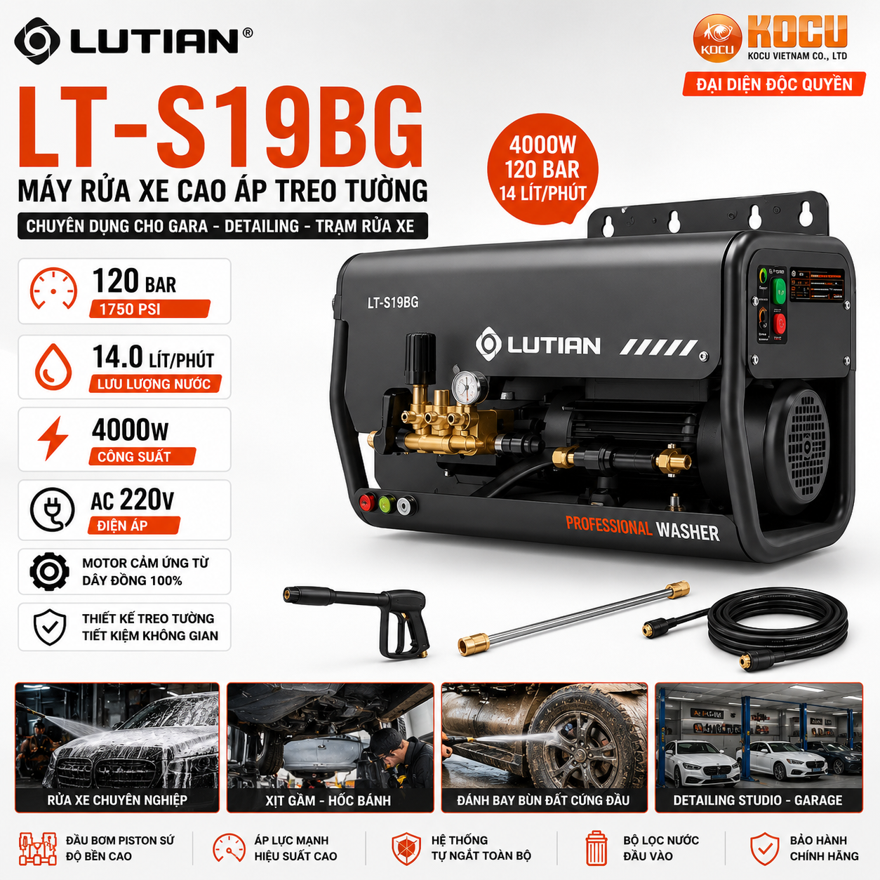 Máy Rửa Xe Cao Áp Treo Tường LUTIAN LT-S19BG 4000W | Cho Detailing 1 may rua xe cao ap treo tuong lutian lt s19bg
