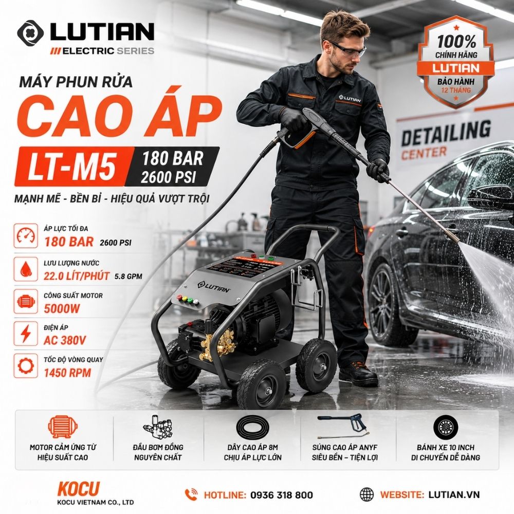 Máy Rửa Xe Cao Áp Tự Ngắt Lutian LT-M5 5.5KW (180 Bar) Chính Hãng 2 may rua xe cao ap tu ngat lutian lt m5 5 5kw 180 bar chinh hang.1