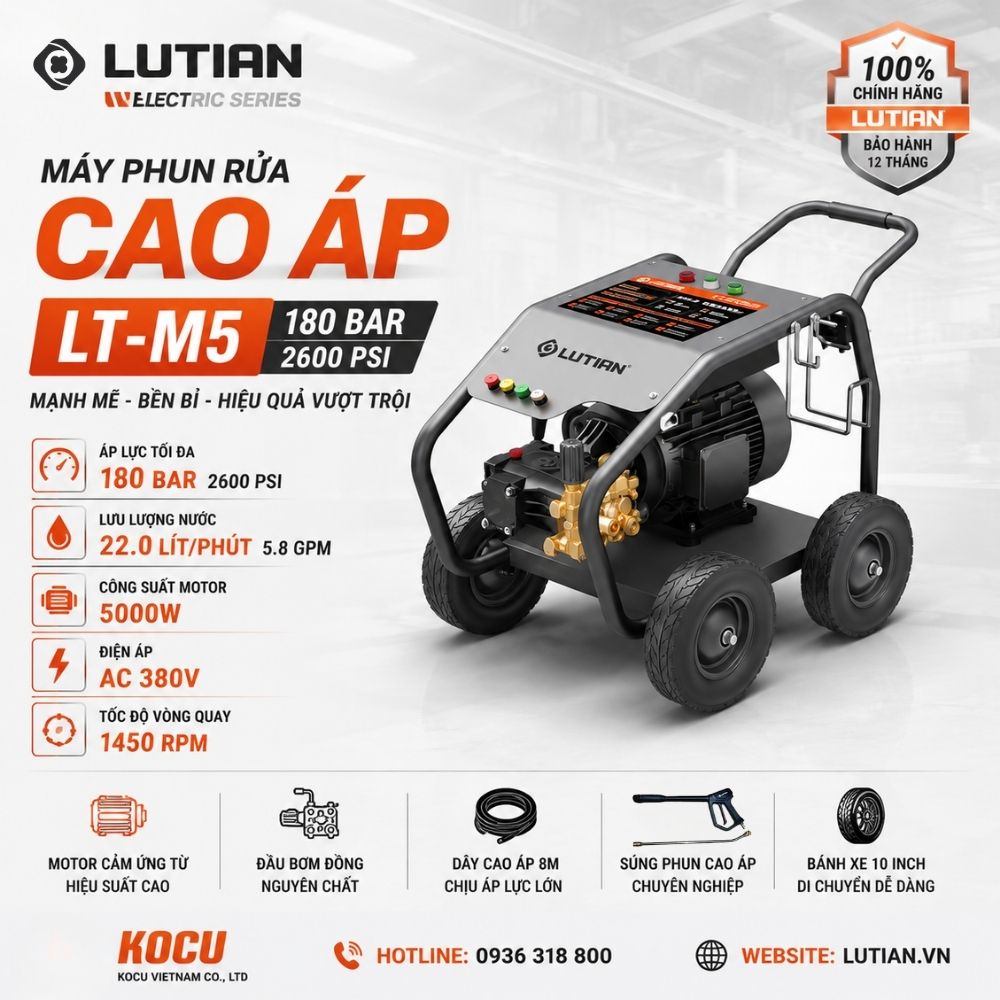 Máy Rửa Xe Cao Áp Tự Ngắt Lutian LT-M5 5.5KW (180 Bar) Chính Hãng 1 may rua xe cao ap tu ngat lutian lt m5 5 5kw 180 bar chinh hang