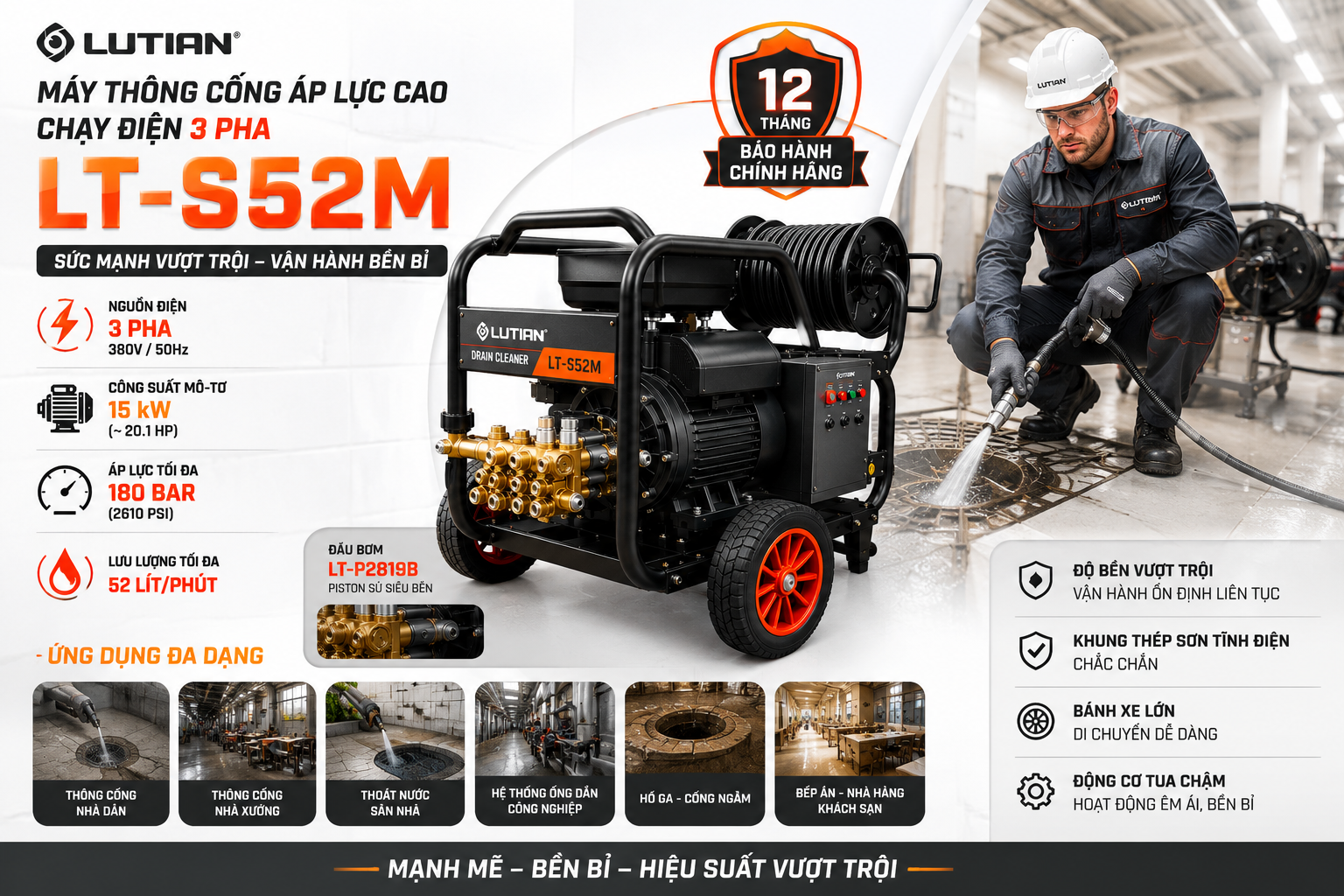 Máy Thông Cống Áp Lực Cao 3 Pha LUTIAN LT-S52M 15Kw | Giải Pháp Vệ Sinh Nhà Máy Siêu Êm & Bền Bỉ 4 may thong cong ap luc cao 3 pha lutian lt s52m.2
