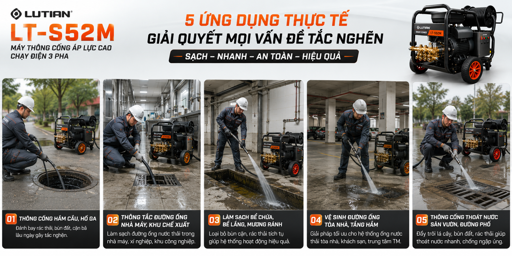 Máy Thông Cống Áp Lực Cao 3 Pha LUTIAN LT-S52M 15Kw | Giải Pháp Vệ Sinh Nhà Máy Siêu Êm & Bền Bỉ 5 may thong cong ap luc cao 3 pha lutian lt s52m.3