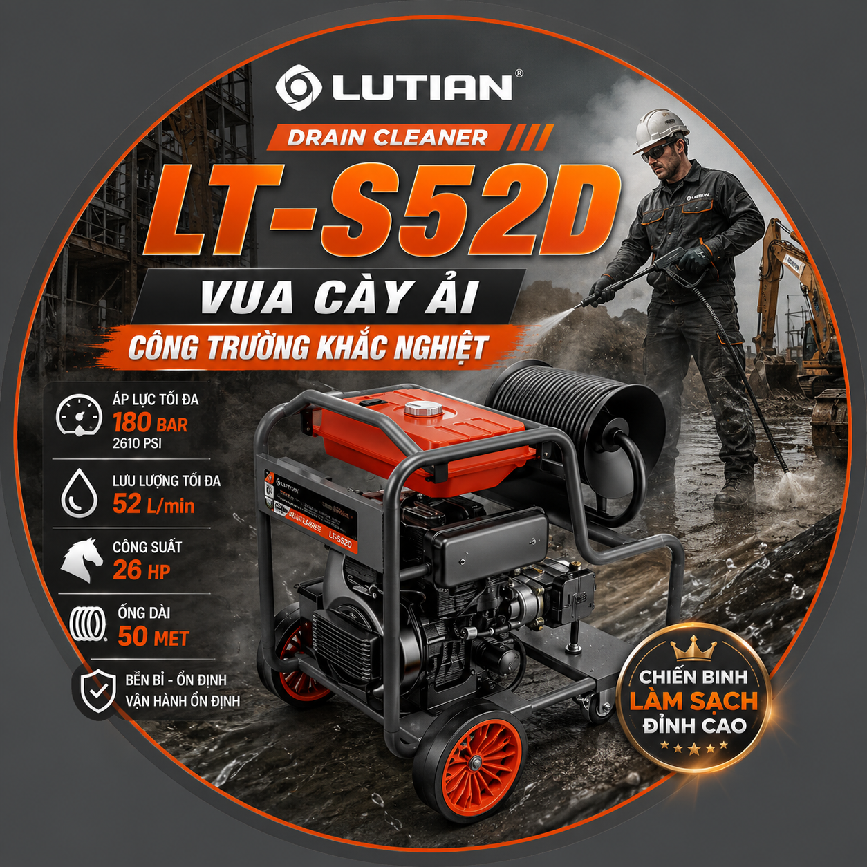 Máy Thông Cống Áp Lực Cao Diesel LUTIAN LT-S52D – Vua Cày Công Trường Khắc Nghiệt 2 may thong cong ap luc cao diesel lutian lt s52d
