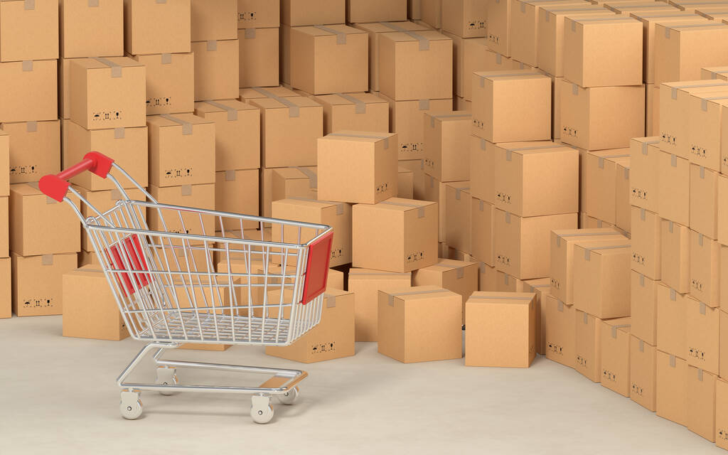 stock photo shopping cart cardboard boxes rendering computer digital drawing