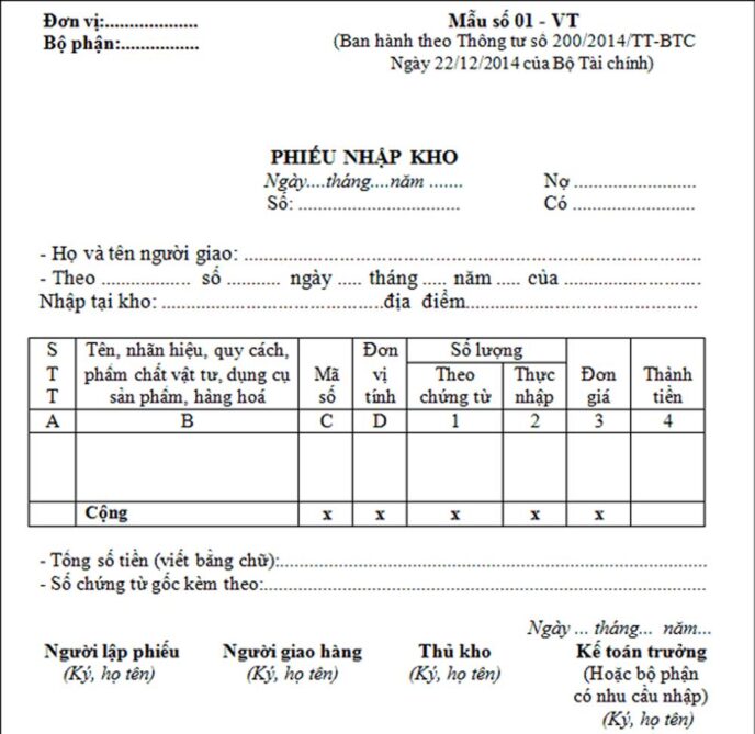 Phiếu nhập kho thông tư 133