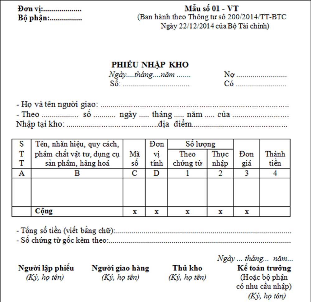 Phiếu nhập kho thông tư 133