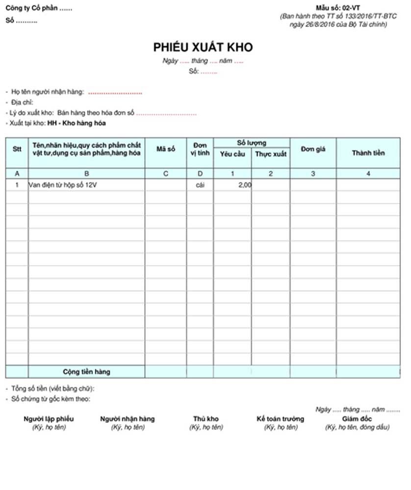 Phiếu xuất kho theo thông tư 133
