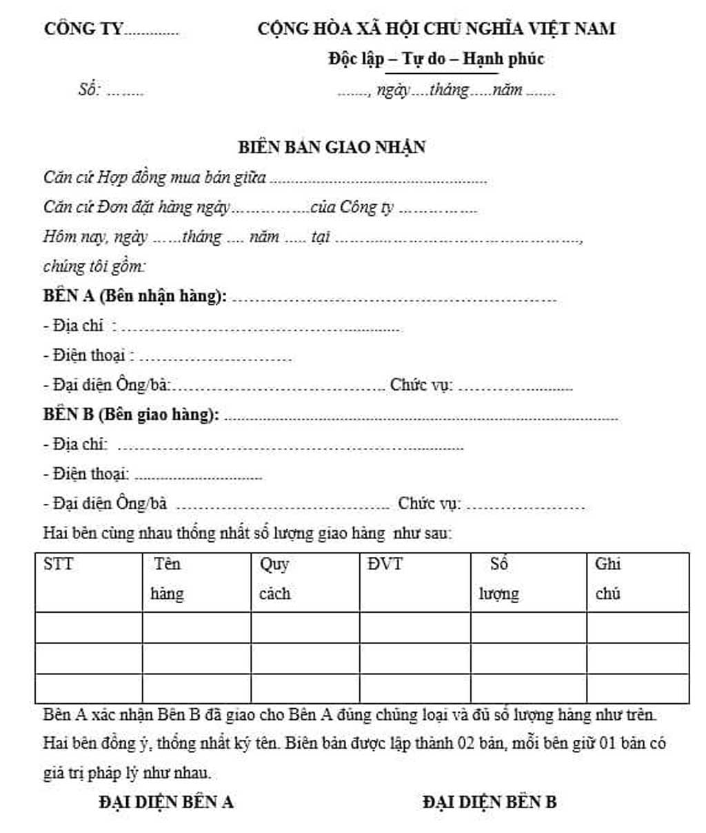 Biên bản giao nhận