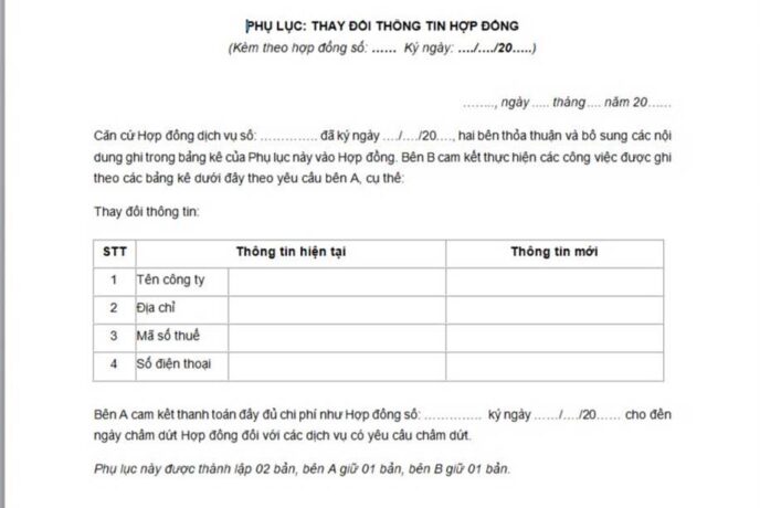 Phụ lục thay đổi thông tin hợp đồng
