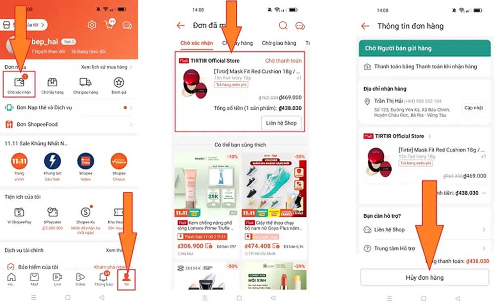 Thao tác hủy đơn hàng trên Shopee