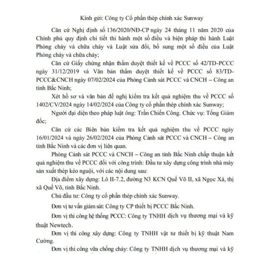 Nghiệm thu PCCC nhà máy Sunway Steel Quế Võ 2