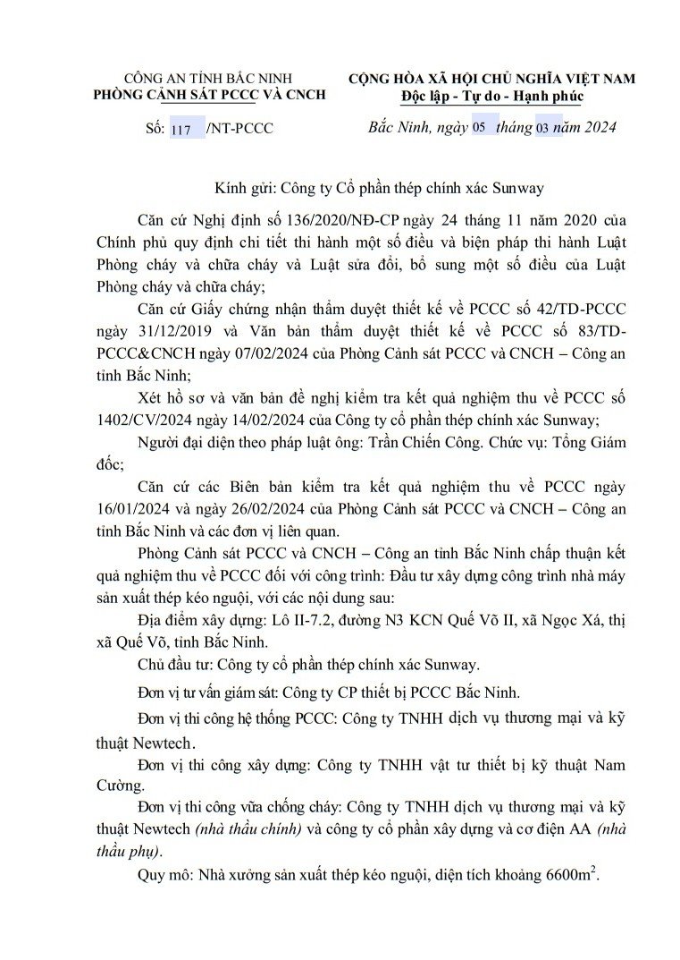 Nghiệm thu PCCC nhà máy Sunway Steel Quế Võ 2