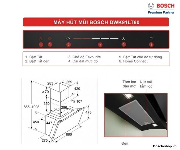 Đặc điểm nổi bật của máy hút mùi Bosch gắn tường DWK91LT60 serie 8