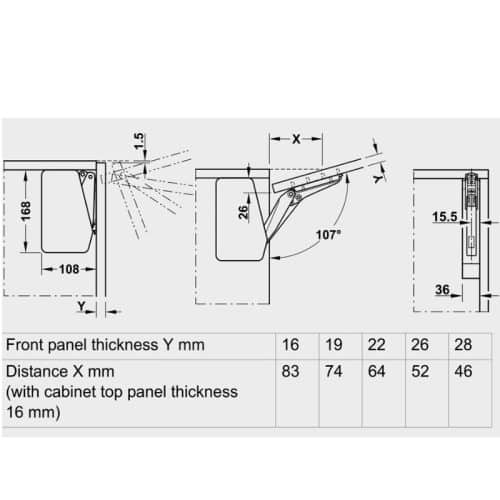 Kích thước bộ tay nâng FREE FLAP 1.7 Hafele 493.05.831 nắp xám