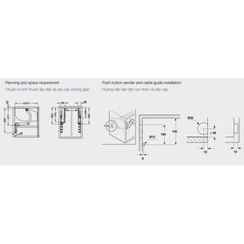 Bộ tay nâng FREE SWING E Hafele 372.29.715 xám 4 Kích thước bộ tay nâng FREE SWING E Hafele 372.29.715 xám