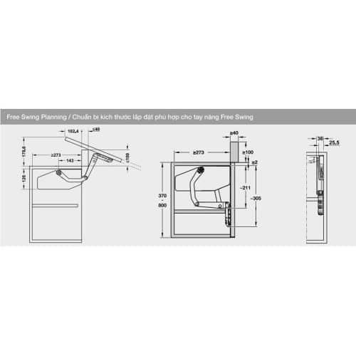 Bộ tay nâng FREE SWING Hafele 493.05.765, trắng 5 Kích thước bộ tay nâng FREE SWING Hafele 493.05.765, trắng